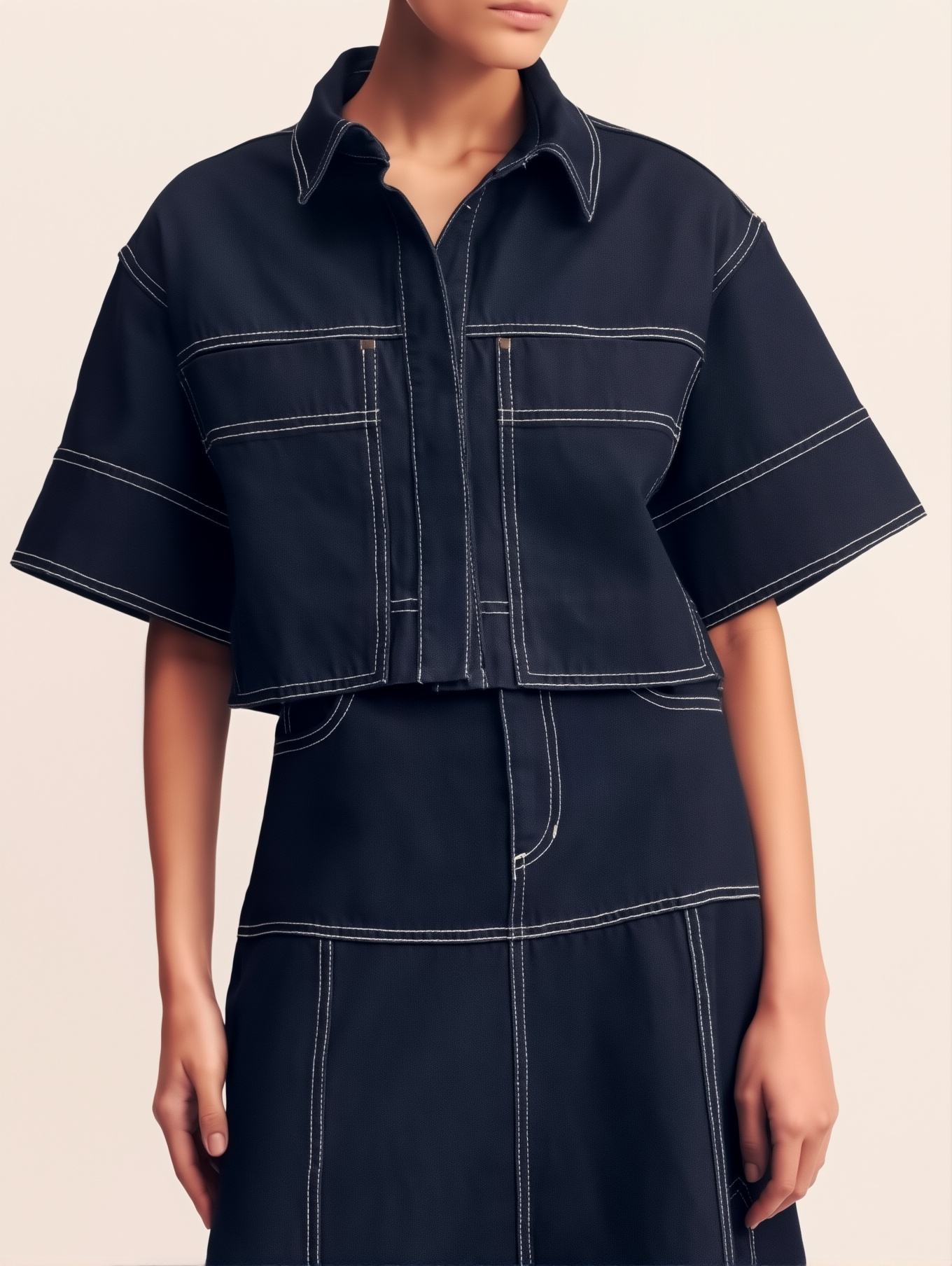 Cropped Contrast Stitch Denim Top